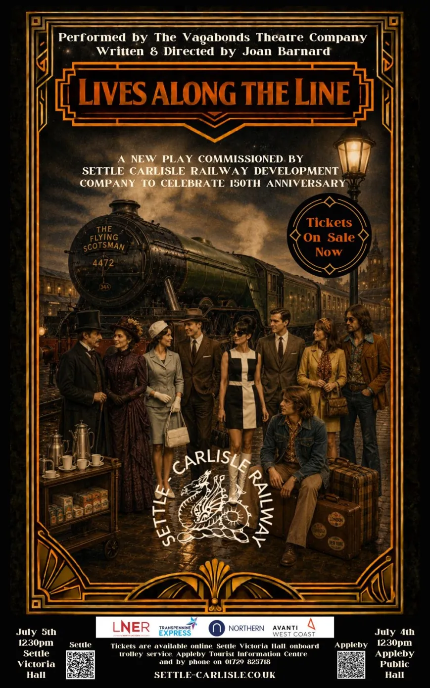 A steam engine and people dressed in costumes from the past 150 years. Lives Along the Line, a new play commissioned to celebrate 150 years of the Settle Carlisle line.