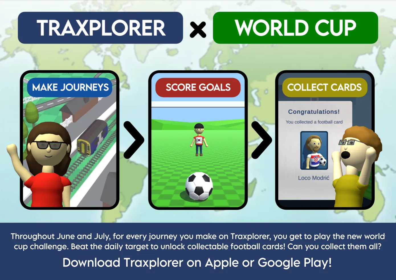 Cartoon image of three smart phones with the Traxploere World Cup title and images