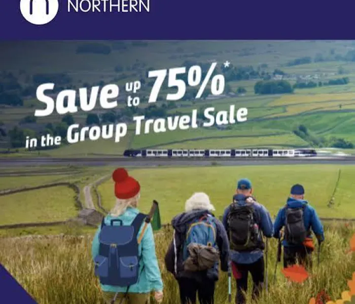 four walkers in the countryside with words Save up to 75% in the Group Travel Sale