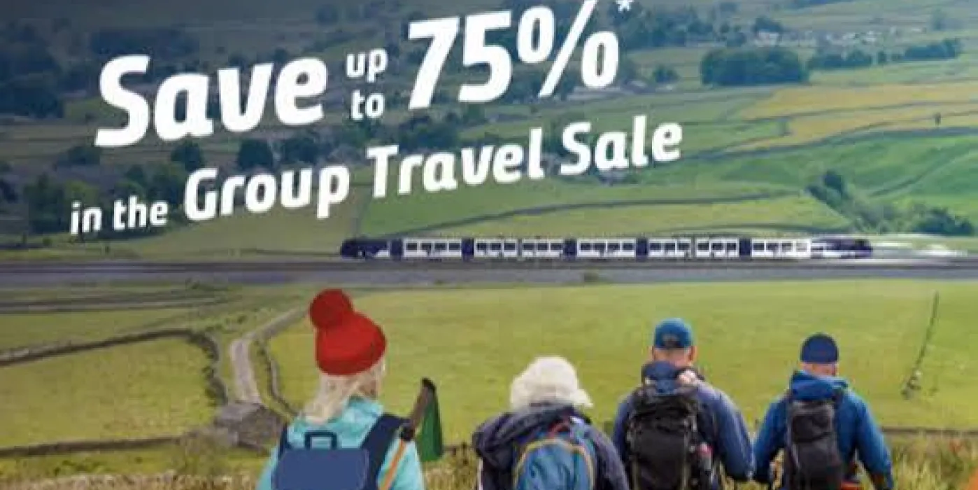 four walkers in the countryside with words Save up to 75% in the Group Travel Sale